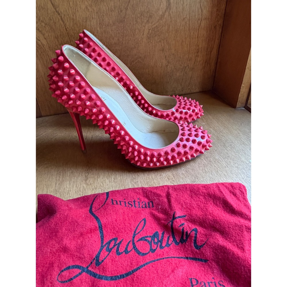 Christian Louboutin Follies Spikes 100 Pink Patent Leather Pumps Heels 37